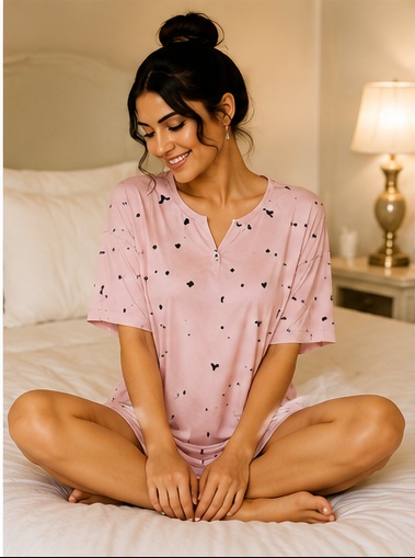 Women’s Pink Heart Print Short Sleeve Night Suit Set